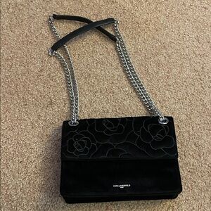 Karl Lagerfeld Black Velvet Rose Pattern Shoulder Bag